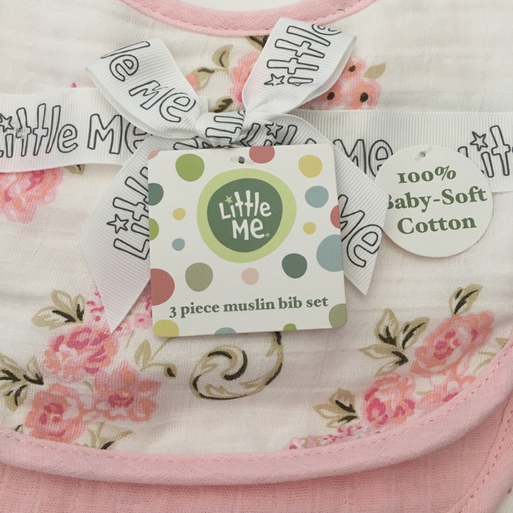 NEW Cotton Muslin Bib Set of 3 Floral Pink Print | Little Me - Picture 2 of 8